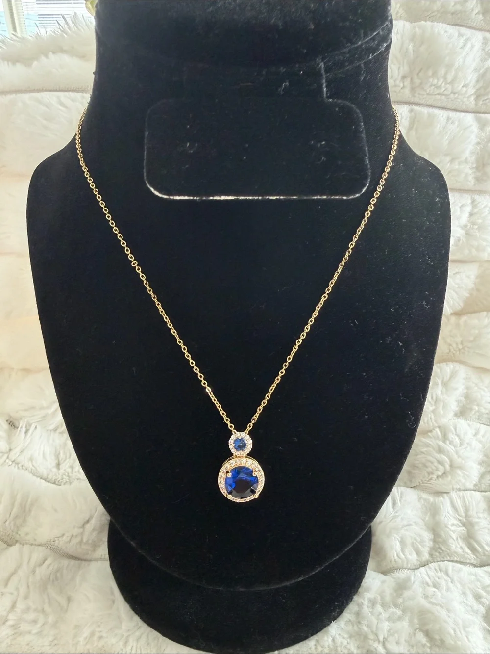 Gold Chain Necklace with Blue Crystal Pendant